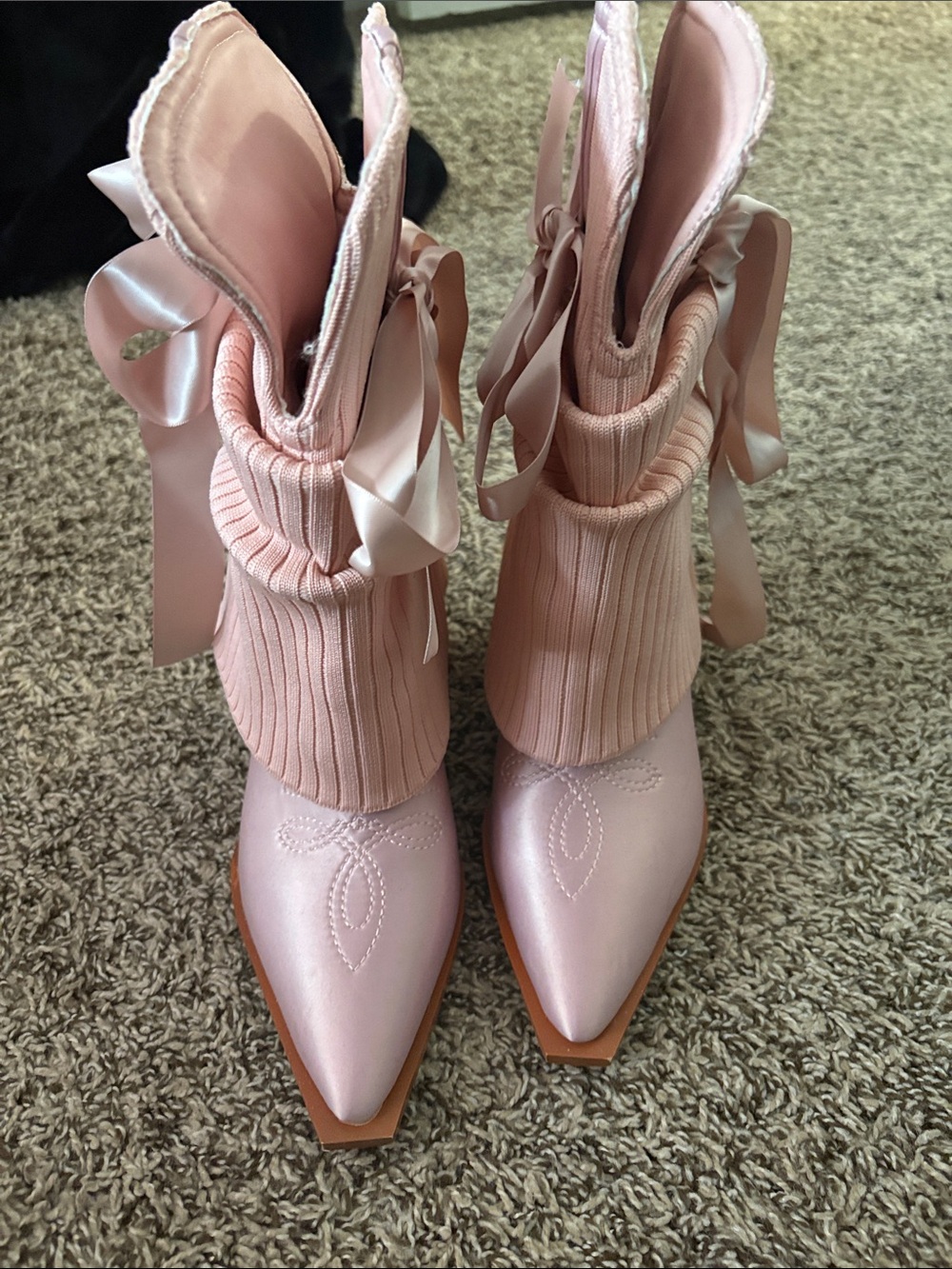 Pink Satin Pointed-Toe Ankle Boots with Ribbon Tie